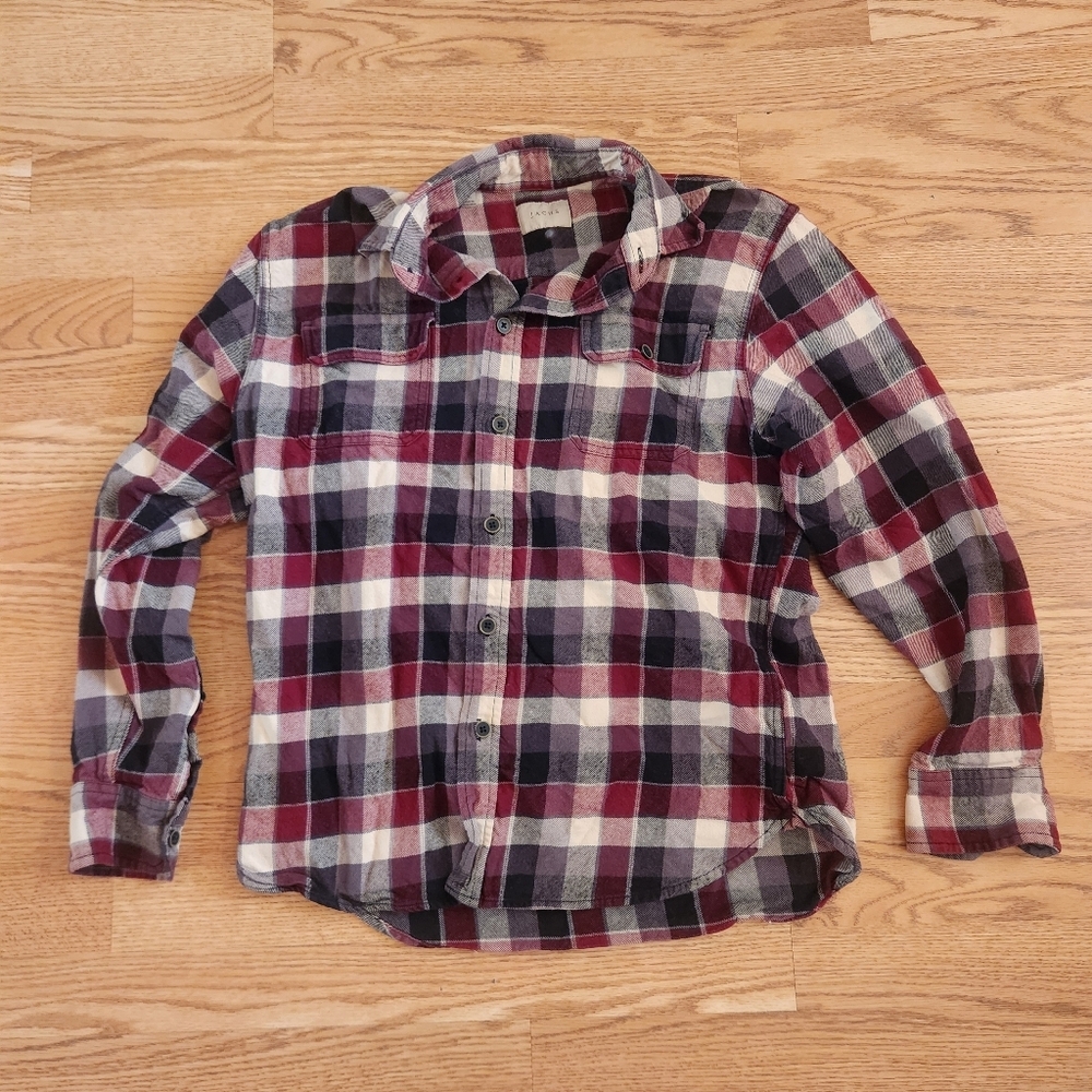 EUC Jachs Men's Plaid Button-Up Shirt - Red, Black, and White, Size M